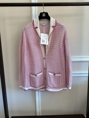 Authentic CHANEL Pink Tweed Blazer with White Trim